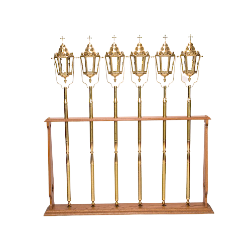 Processional Candlestick on Decorated Brass Pole Oak base stand to hold up to six processional items.