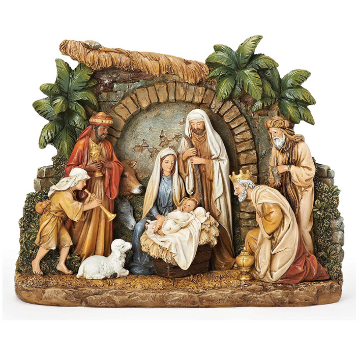10.25"H Nativity Figure with Holy Family, Three Kings, Shepherd and Barn Animals
