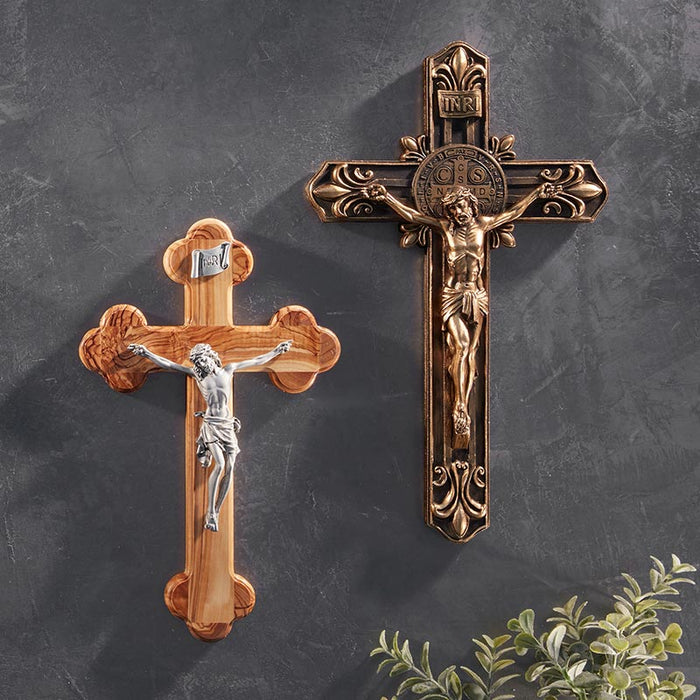 10.75" Budded Wooden Crucifix - Antique Pewter Finish Corpus