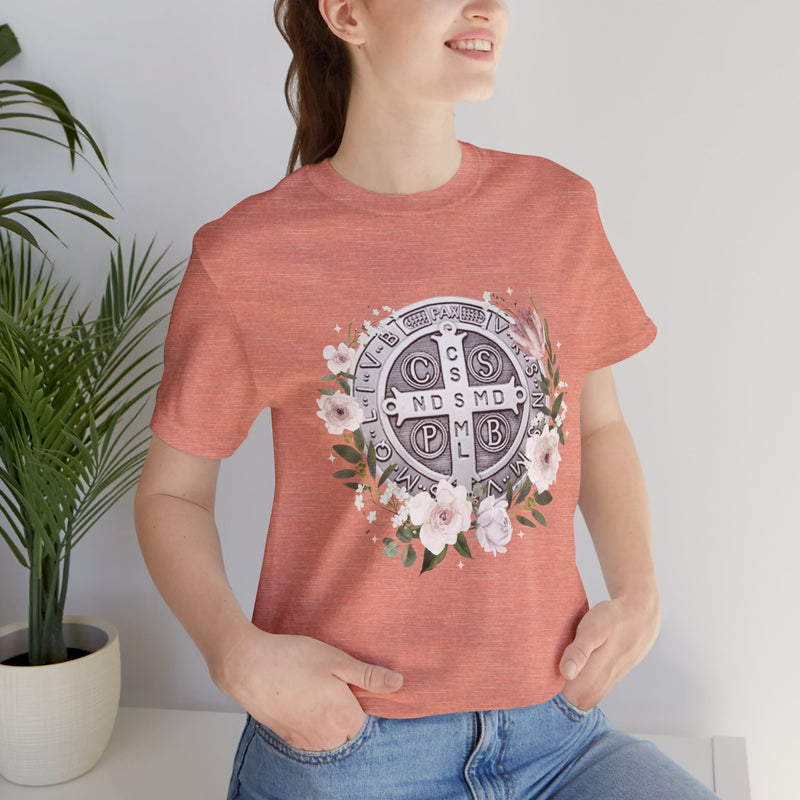 Benedictine Medal T-Shirt – Catholic Faith Floral Tee