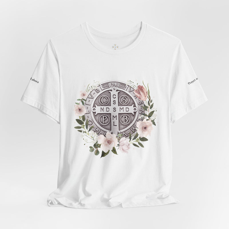 Benedictine Medal T-Shirt – Catholic Faith Floral Tee with Ora et Labora/Prayer and Work