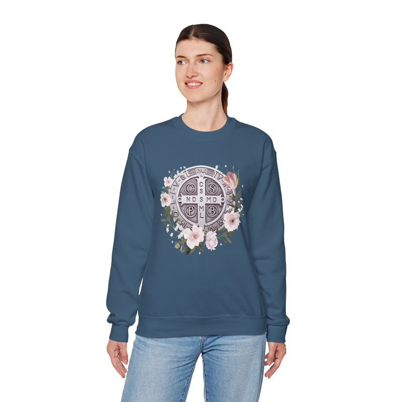 Benedictine Medal Crewneck Sweatshirt – Catholic Faith Floral