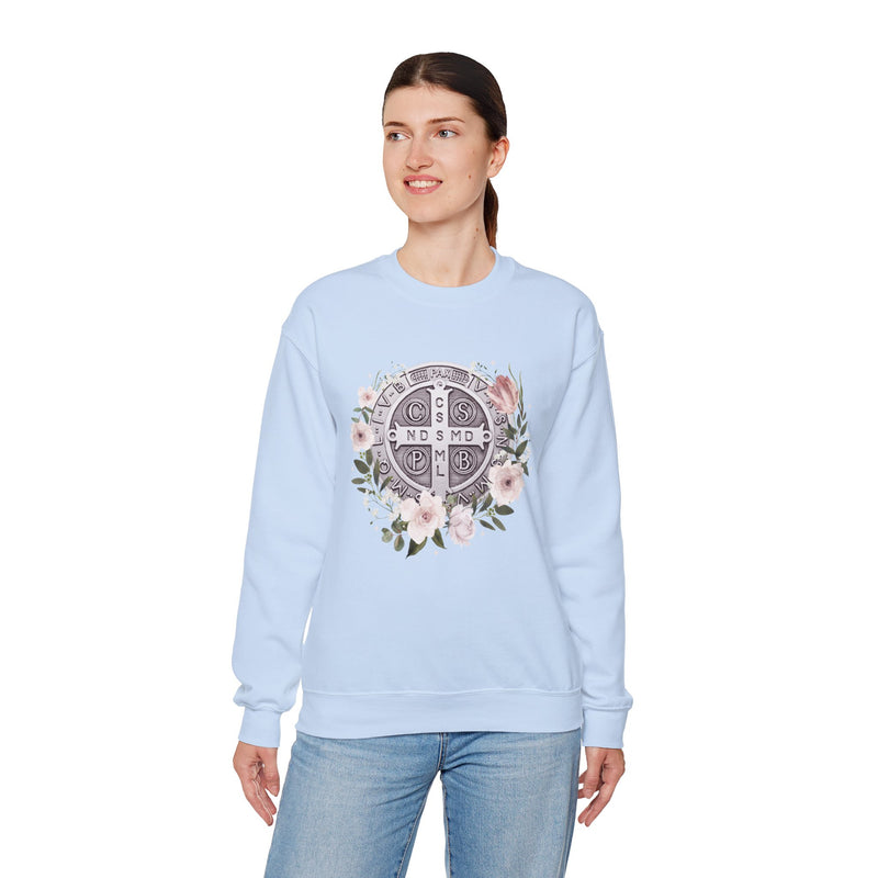 Benedictine Medal Crewneck Sweatshirt – Catholic Faith Floral