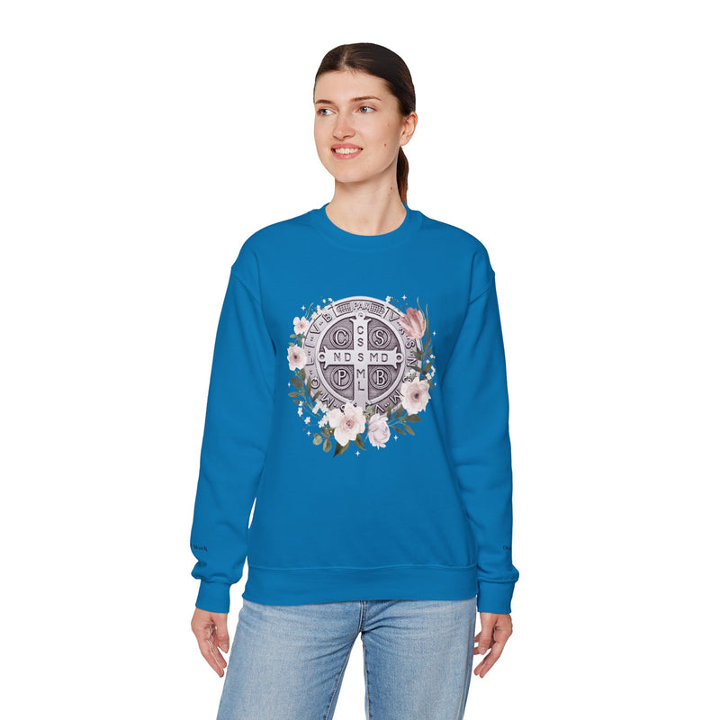 Benedictine Medal Crewneck Sweatshirt – Catholic Faith Floral Design w/ Ora et Labora/Prayer and Work