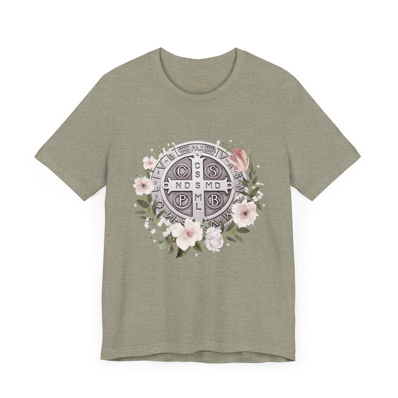 Benedictine Medal T-Shirt – Catholic Faith Floral Tee