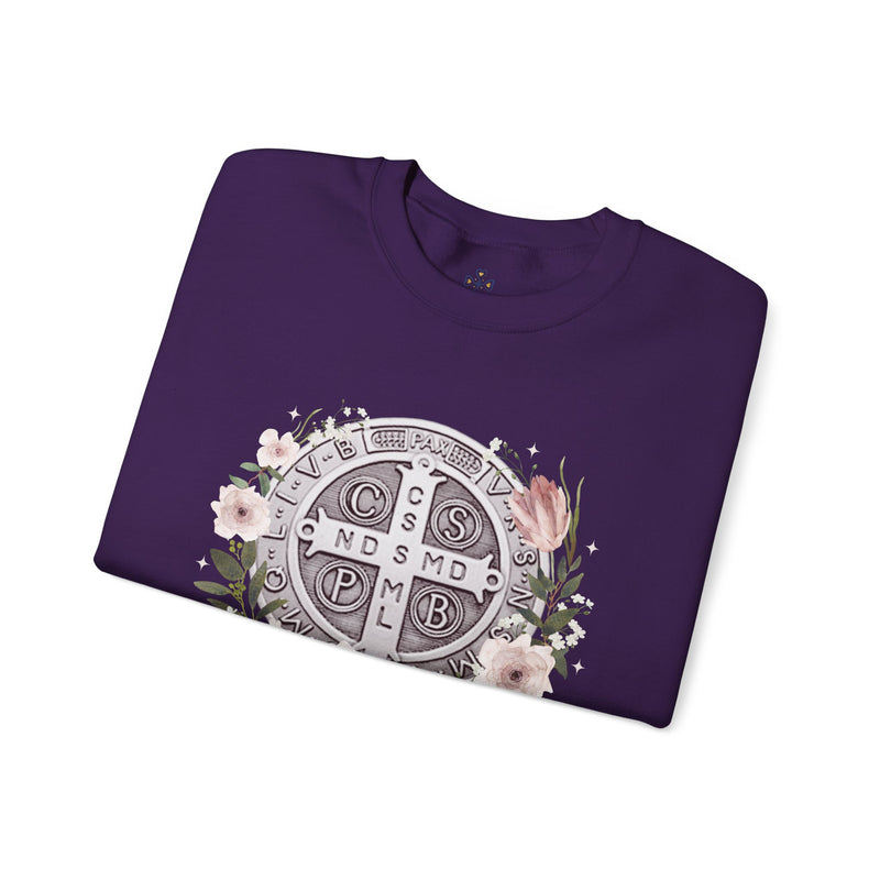 Benedictine Medal Crewneck Sweatshirt – Catholic Faith Floral Design w/ Ora et Labora/Prayer and Work