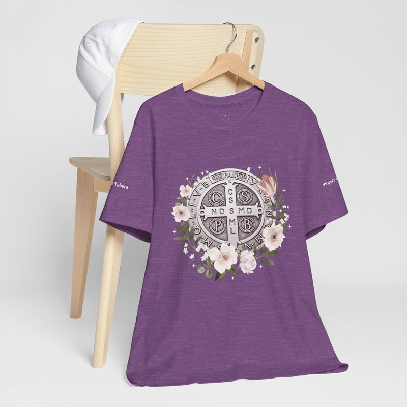 Benedictine Medal T-Shirt – Catholic Faith Floral Tee with Ora et Labora/Prayer and Work