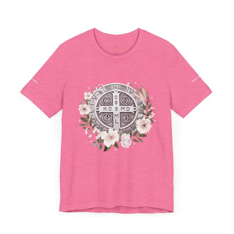 Benedictine Medal T-Shirt – Catholic Faith Floral Tee with Ora et Labora/Prayer and Work