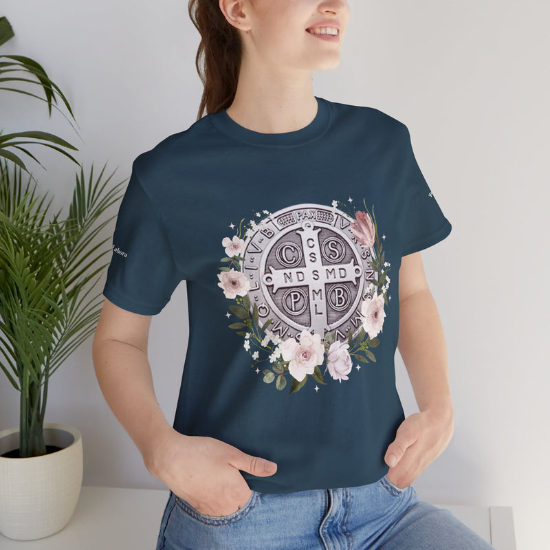 Benedictine Medal T-Shirt – Catholic Faith Floral Tee with Ora et Labora/Prayer and Work