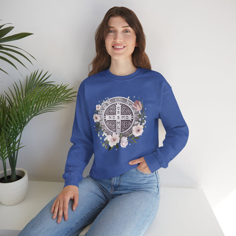 Benedictine Medal Crewneck Sweatshirt – Catholic Faith Floral Design w/ Ora et Labora/Prayer and Work