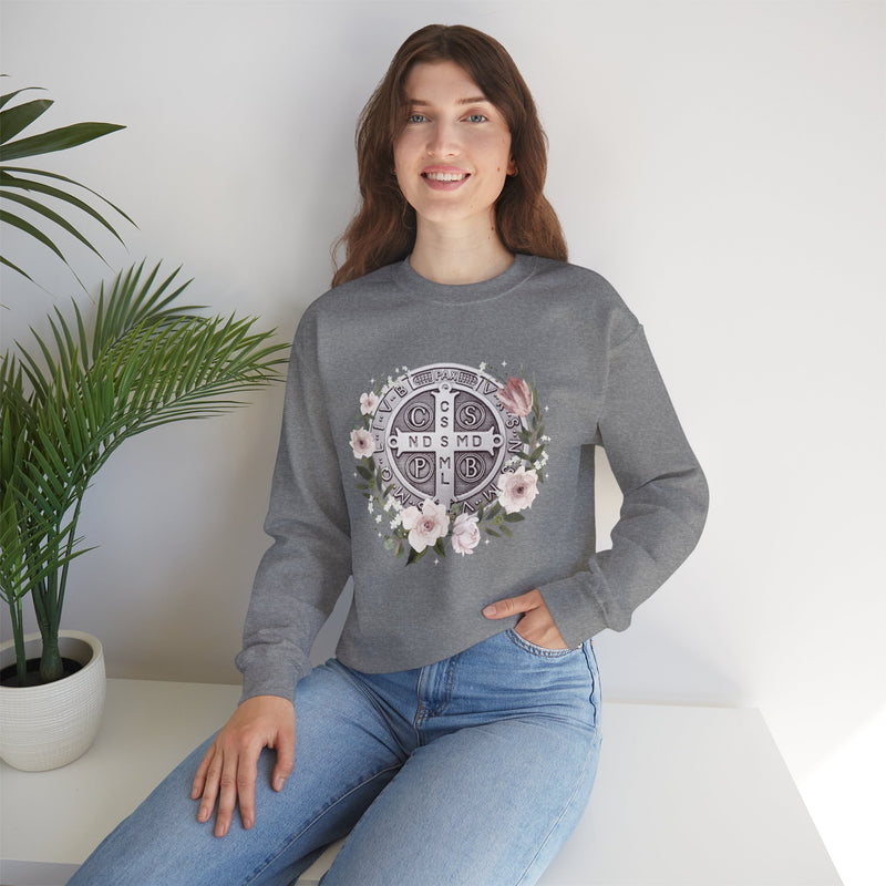 Benedictine Medal Crewneck Sweatshirt – Catholic Faith Floral