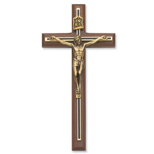10" Walnut Crucifix with Black and Gold Overlay