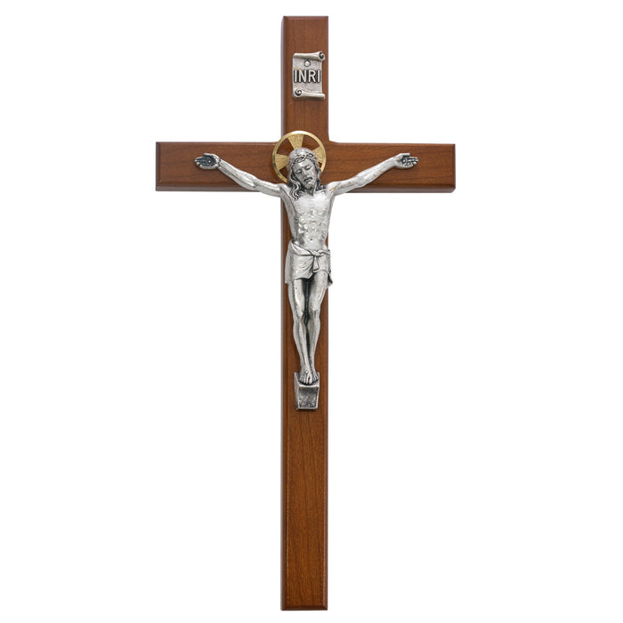 10” Beveled Genuine Cherry Wood Crucifix With Silver Ox Corpus & Gold Halo