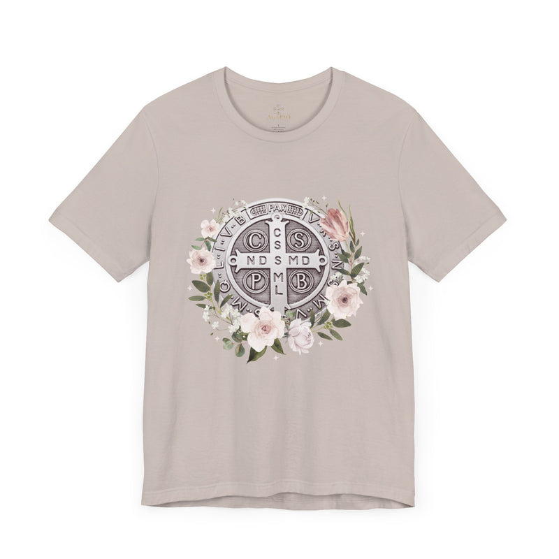 Benedictine Medal T-Shirt – Catholic Faith Floral Tee