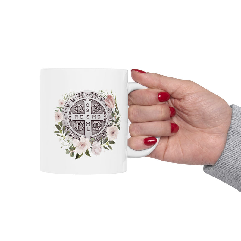 St. Benedict Medal Floral Catholic Coffee Mug