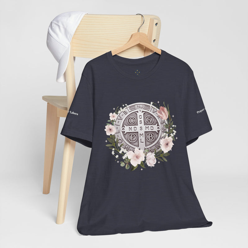 Benedictine Medal T-Shirt – Catholic Faith Floral Tee with Ora et Labora/Prayer and Work