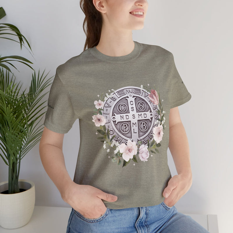 Benedictine Medal T-Shirt – Catholic Faith Floral Tee with Ora et Labora/Prayer and Work