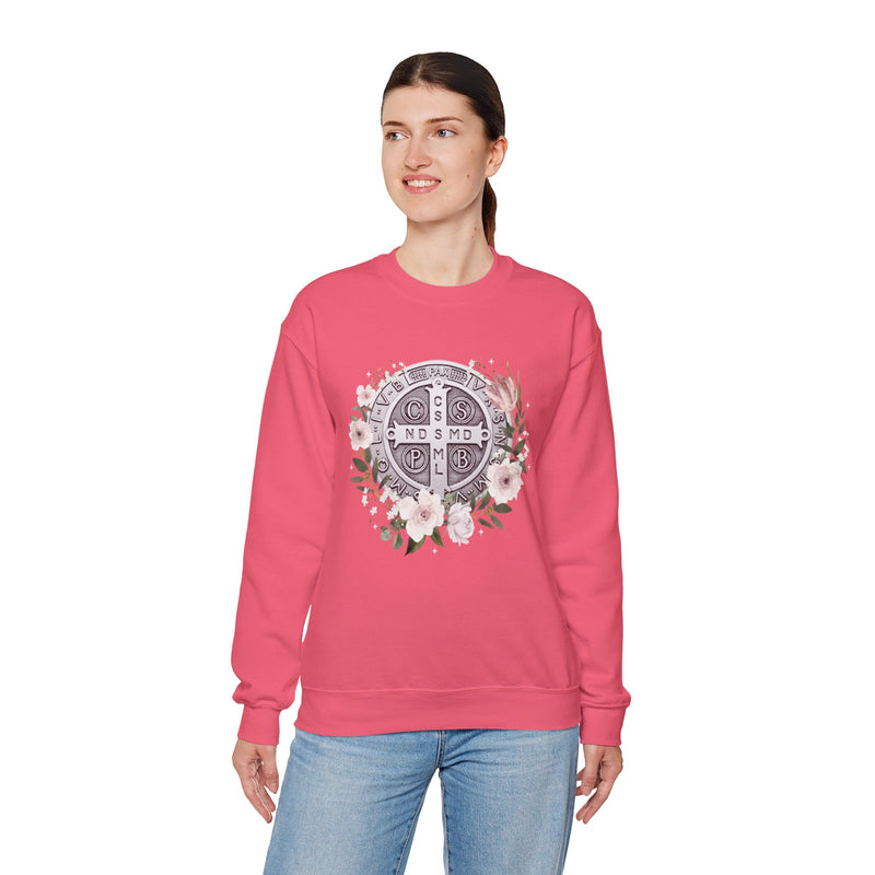 Benedictine Medal Crewneck Sweatshirt – Catholic Faith Floral