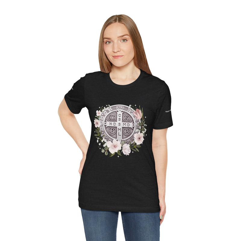 Benedictine Medal T-Shirt – Catholic Faith Floral Tee with Ora et Labora/Prayer and Work