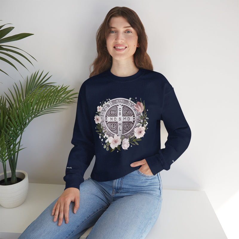 Benedictine Medal Crewneck Sweatshirt – Catholic Faith Floral Design w/ Ora et Labora/Prayer and Work