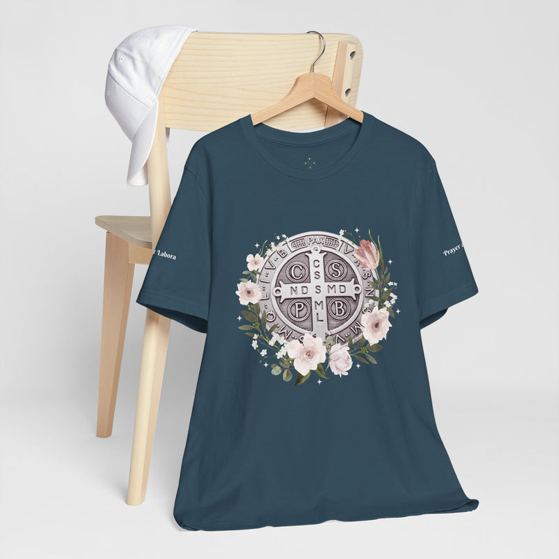 Benedictine Medal T-Shirt – Catholic Faith Floral Tee with Ora et Labora/Prayer and Work