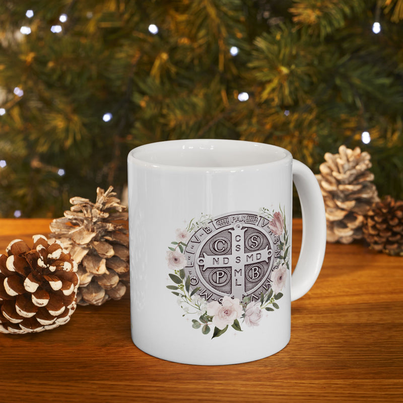 St. Benedict Medal Floral Catholic Coffee Mug