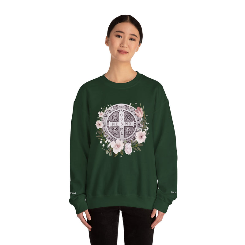 Benedictine Medal Crewneck Sweatshirt – Catholic Faith Floral Design w/ Ora et Labora/Prayer and Work