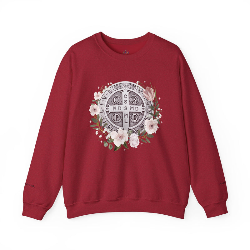 Benedictine Medal Crewneck Sweatshirt – Catholic Faith Floral Design w/ Ora et Labora/Prayer and Work