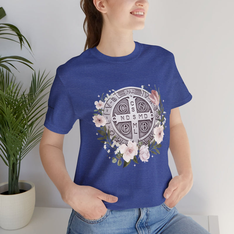 Benedictine Medal T-Shirt – Catholic Faith Floral Tee with Ora et Labora/Prayer and Work