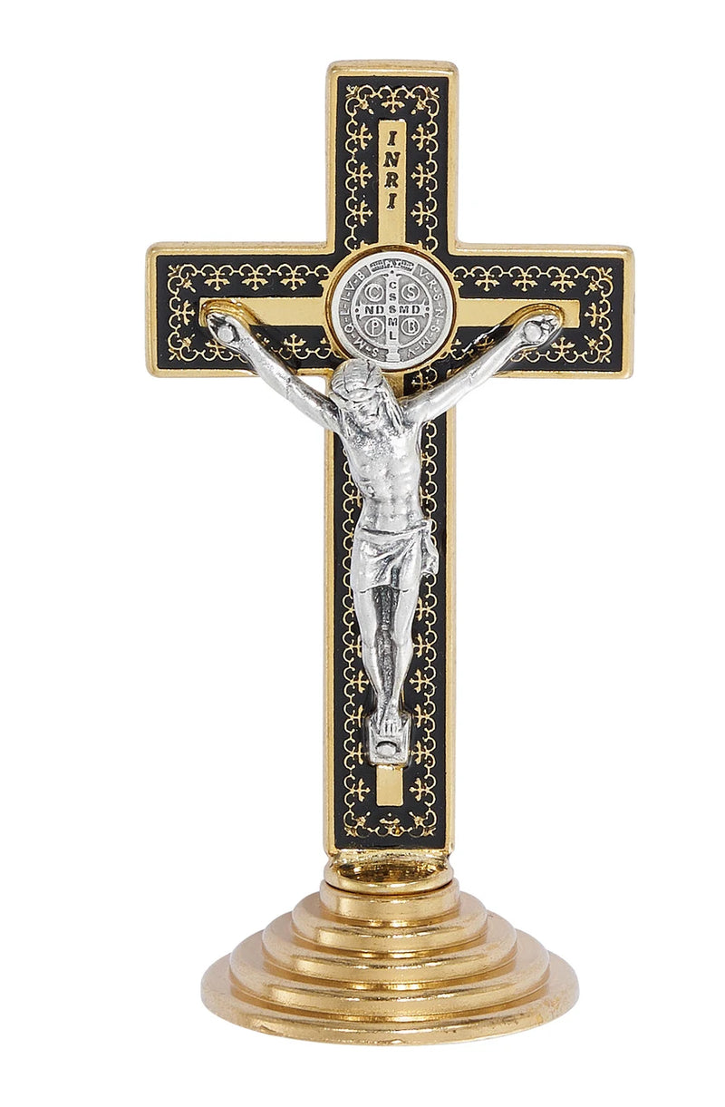 3.5" Two-Tone Silver Ox & Black Enamel Standing St. Benedict Crucifix, Boxed – Made in Italy (119-22)