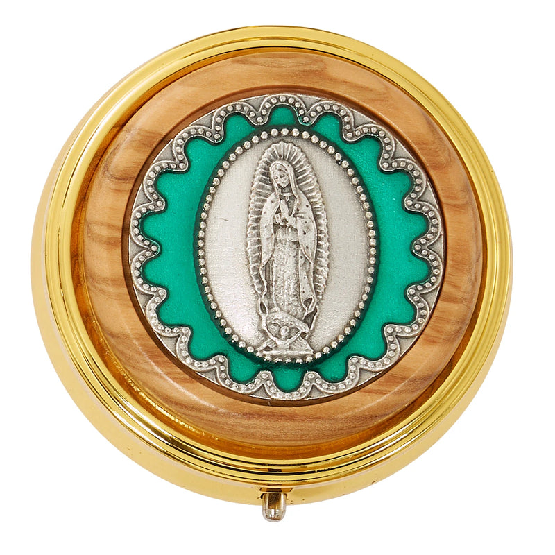 Gold Box with Green Enamel Our Lady of Guadalupe Medal in Olive Wood Frame – Made in Italy