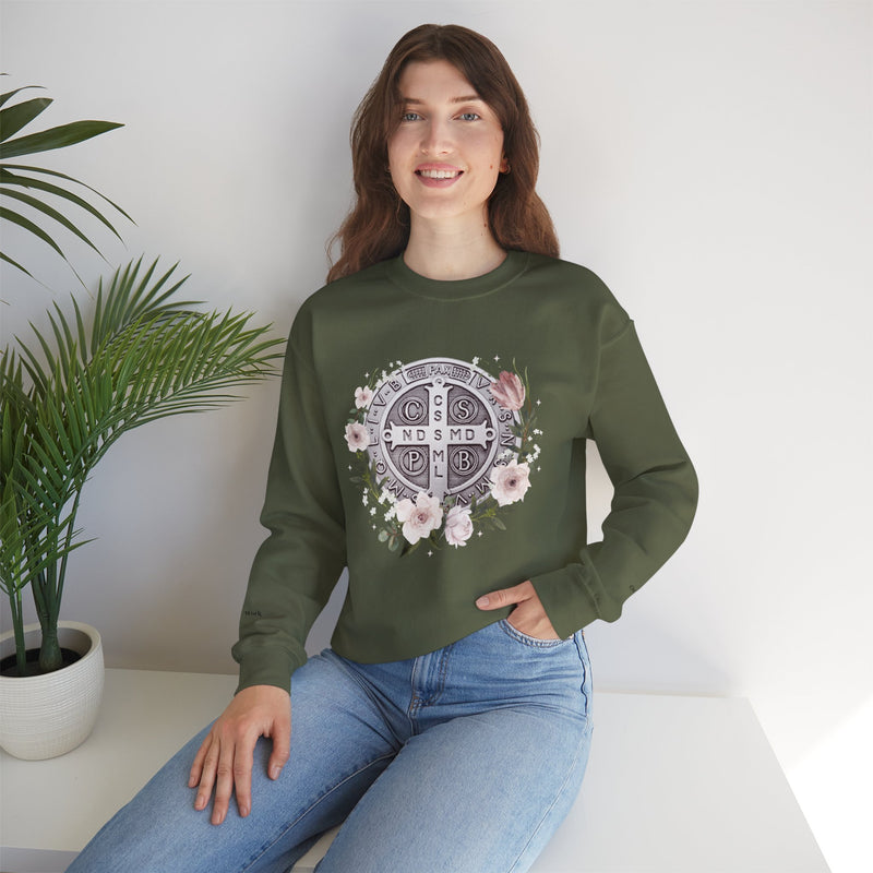Benedictine Medal Crewneck Sweatshirt – Catholic Faith Floral Design w/ Ora et Labora/Prayer and Work