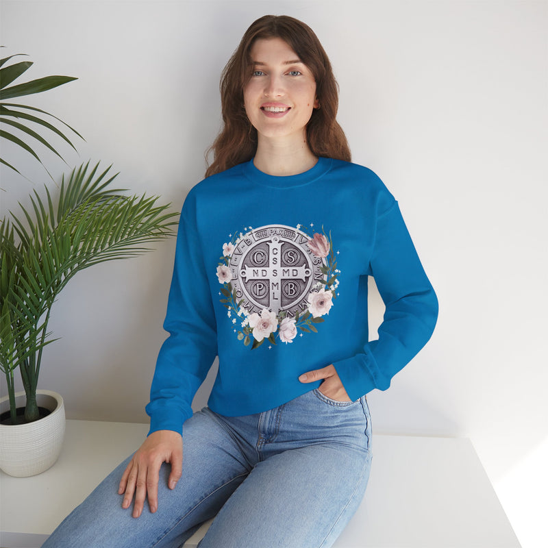 Benedictine Medal Crewneck Sweatshirt – Catholic Faith Floral