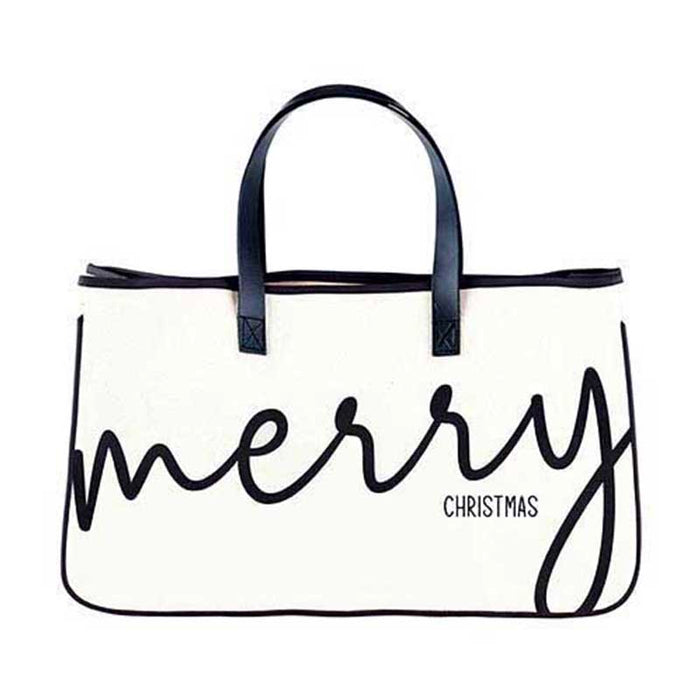 11" H Large Canvas Tote with Genuine Leather Handles - Merry Christmas