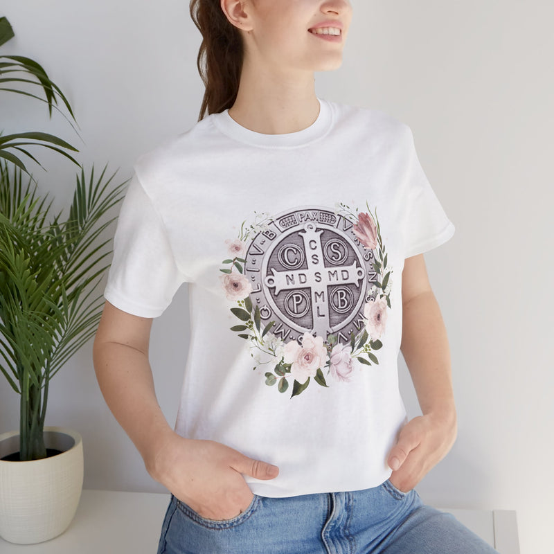 Benedictine Medal T-Shirt – Catholic Faith Floral Tee