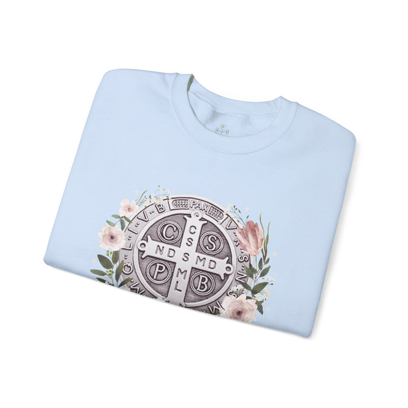 Benedictine Medal Crewneck Sweatshirt – Catholic Faith Floral Design w/ Ora et Labora/Prayer and Work