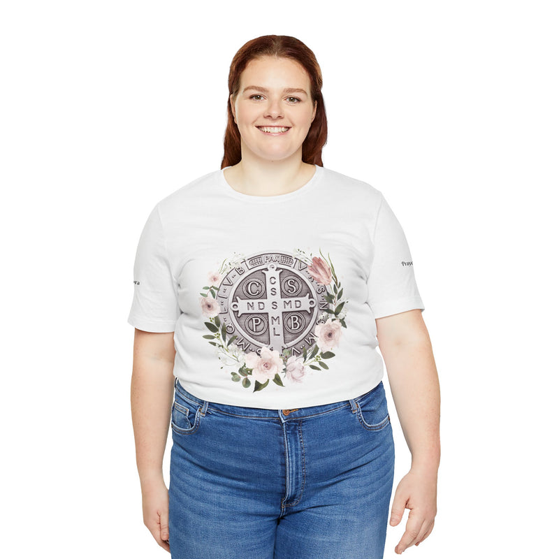Benedictine Medal T-Shirt – Catholic Faith Floral Tee with Ora et Labora/Prayer and Work