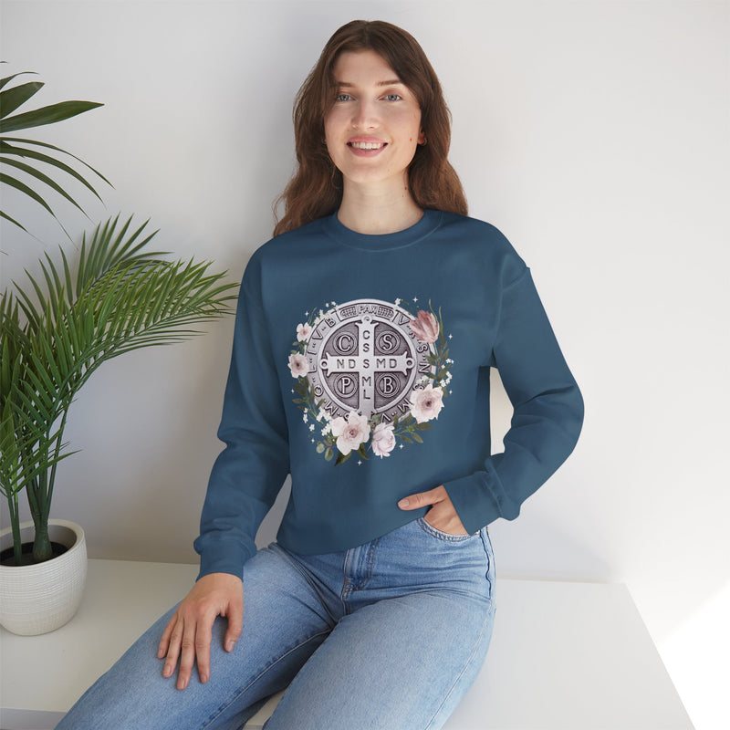 Benedictine Medal Crewneck Sweatshirt – Catholic Faith Floral