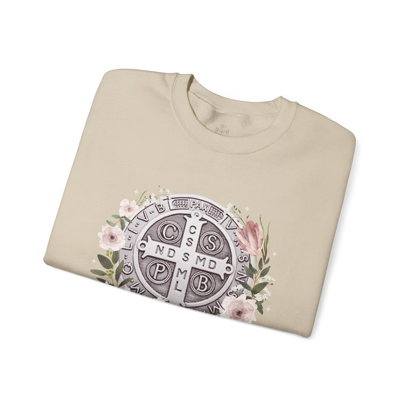 Benedictine Medal Crewneck Sweatshirt – Catholic Faith Floral Design w/ Ora et Labora/Prayer and Work