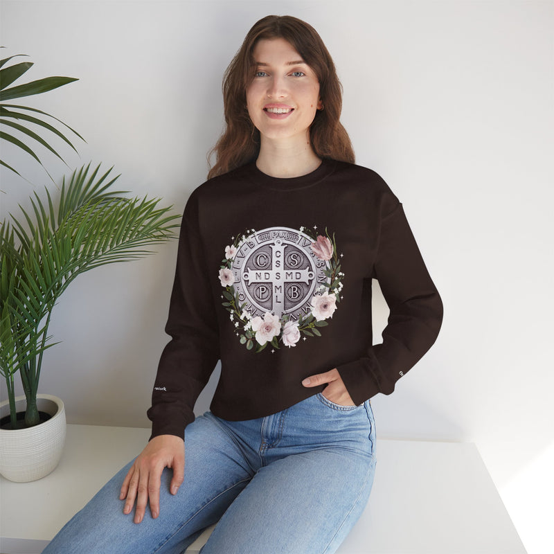 Benedictine Medal Crewneck Sweatshirt – Catholic Faith Floral Design w/ Ora et Labora/Prayer and Work