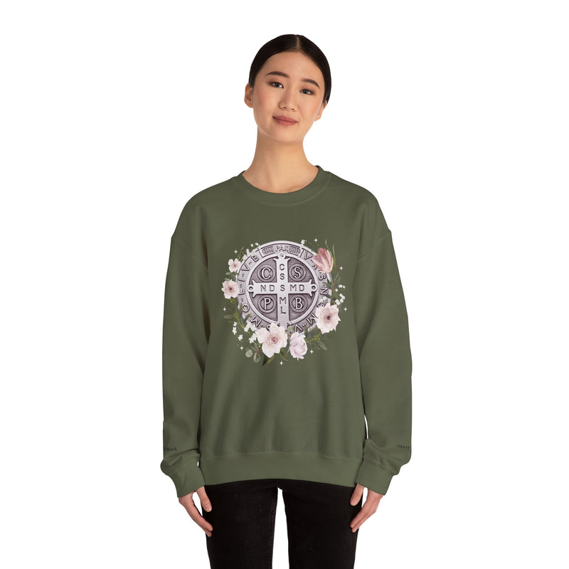 Benedictine Medal Crewneck Sweatshirt – Catholic Faith Floral Design w/ Ora et Labora/Prayer and Work