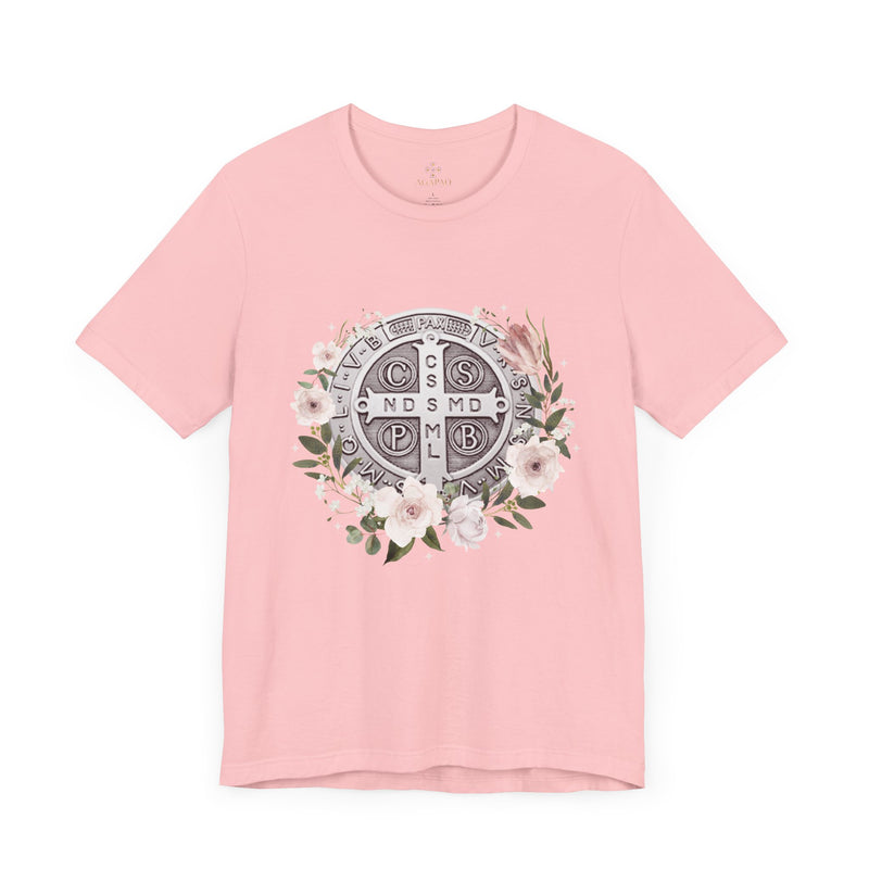 Benedictine Medal T-Shirt – Catholic Faith Floral Tee