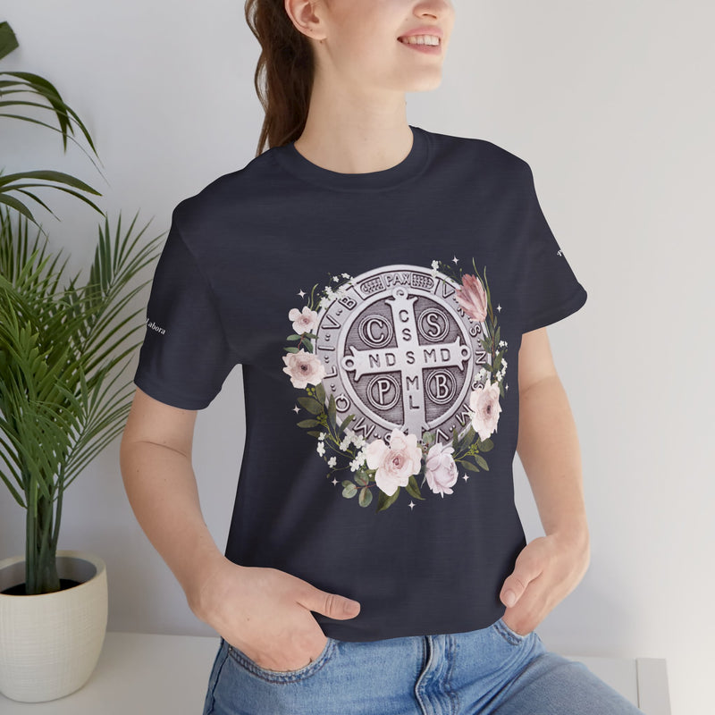 Benedictine Medal T-Shirt – Catholic Faith Floral Tee with Ora et Labora/Prayer and Work
