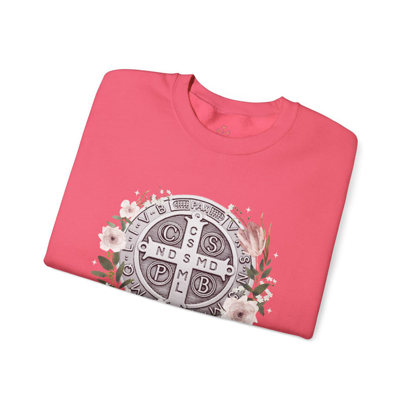 Benedictine Medal Crewneck Sweatshirt – Catholic Faith Floral Design w/ Ora et Labora/Prayer and Work