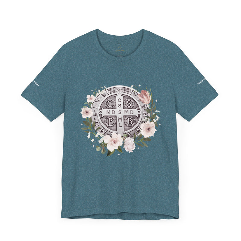 Benedictine Medal T-Shirt – Catholic Faith Floral Tee with Ora et Labora/Prayer and Work