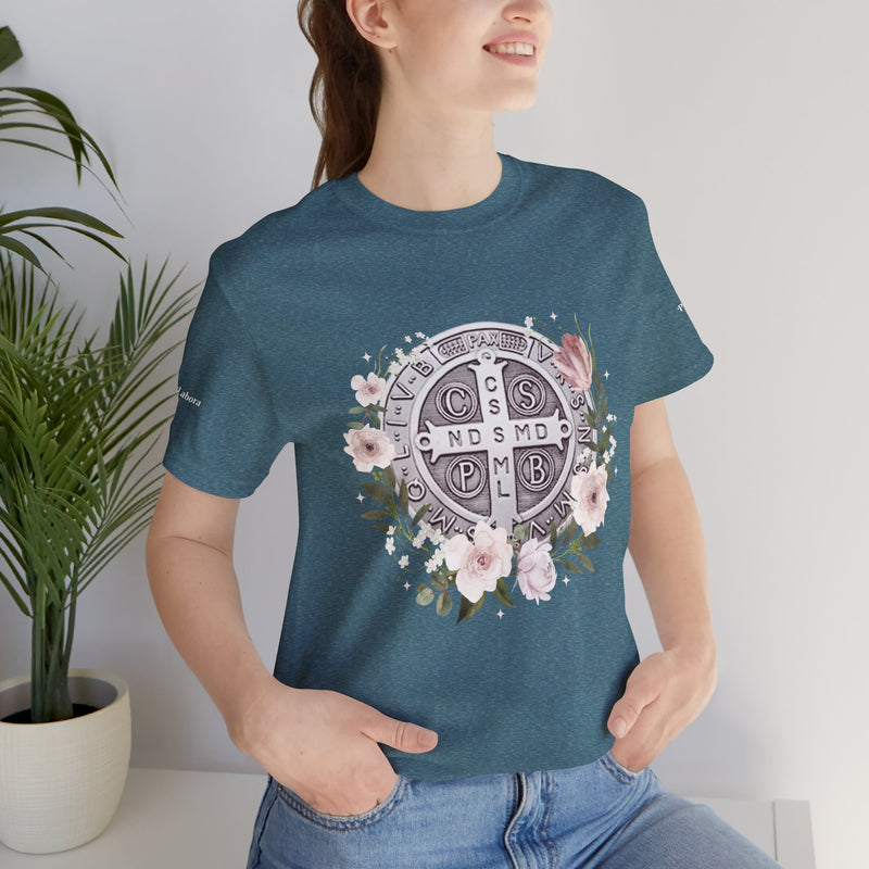 Benedictine Medal T-Shirt – Catholic Faith Floral Tee with Ora et Labora/Prayer and Work