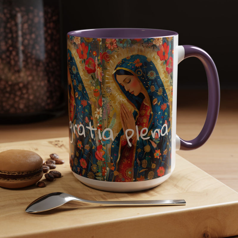 Our Lady Accent Coffee Mug – Ave Maria Gratia Plena Prayer Design (11/15oz)