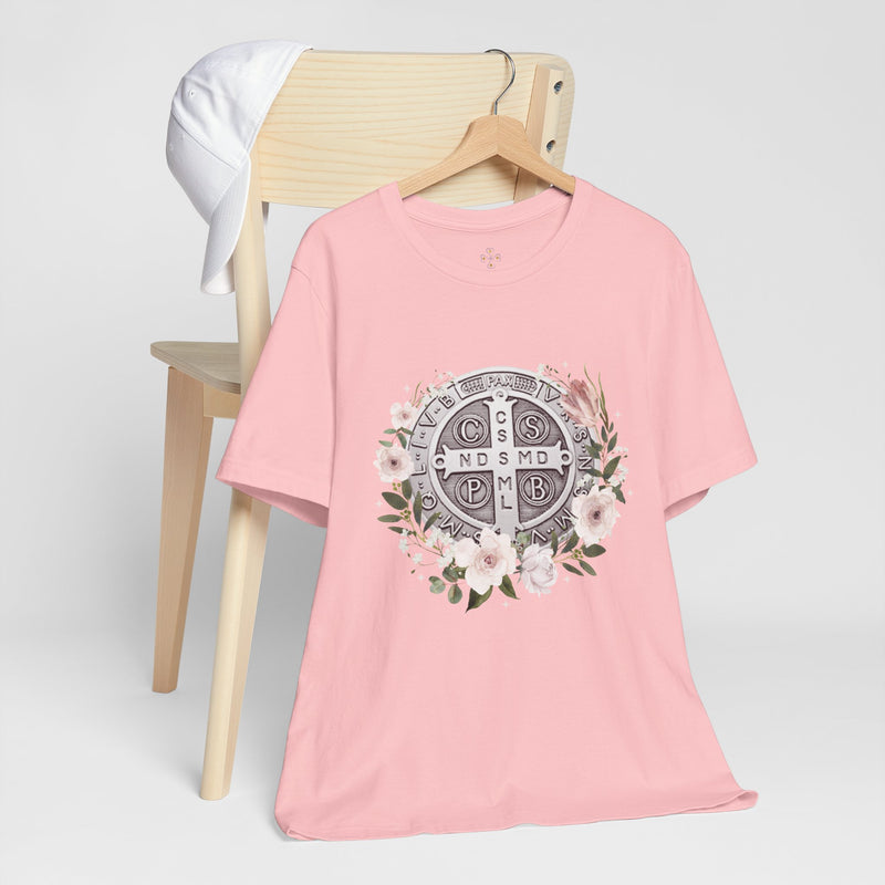 Benedictine Medal T-Shirt – Catholic Faith Floral Tee