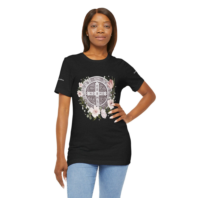 Benedictine Medal T-Shirt – Catholic Faith Floral Tee with Ora et Labora/Prayer and Work