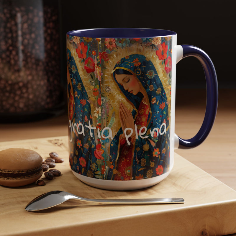Our Lady Accent Coffee Mug – Ave Maria Gratia Plena Prayer Design (11/15oz)